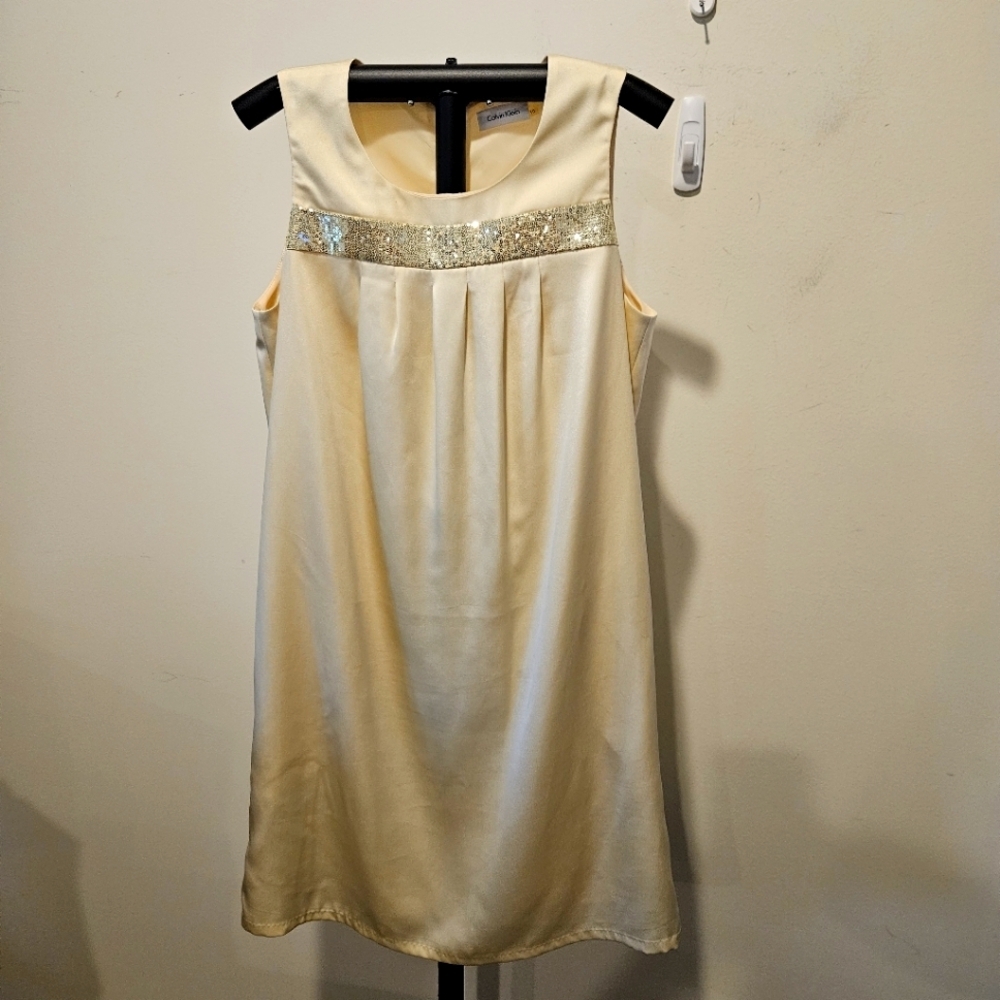 Calvin Klein Women's Elegant Light Gold Satin Sheath Dress, Gold Sequin Band, 10
